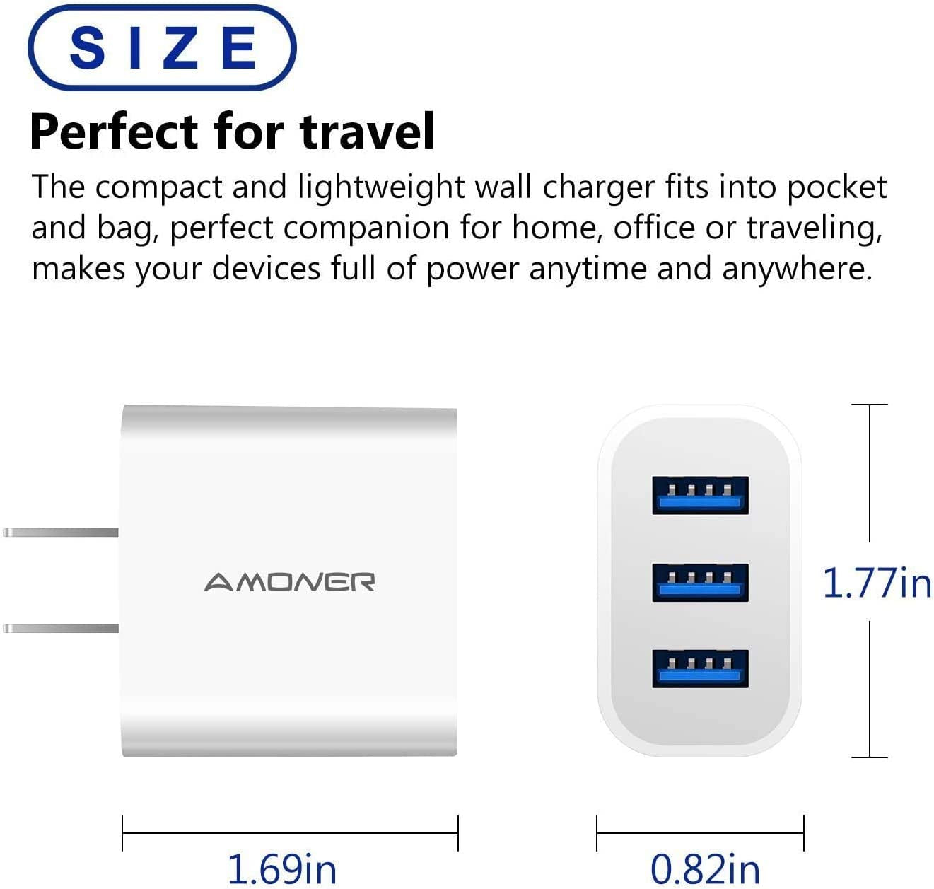 USB Wall Charger,  2Pack 15W 3-Port USB Plug Cube USB Cube Power Adapter for Iphone 14/13/12/11/Pro/Promax/Xs/Xr/X/8, Galaxy S22 S21 and More and More